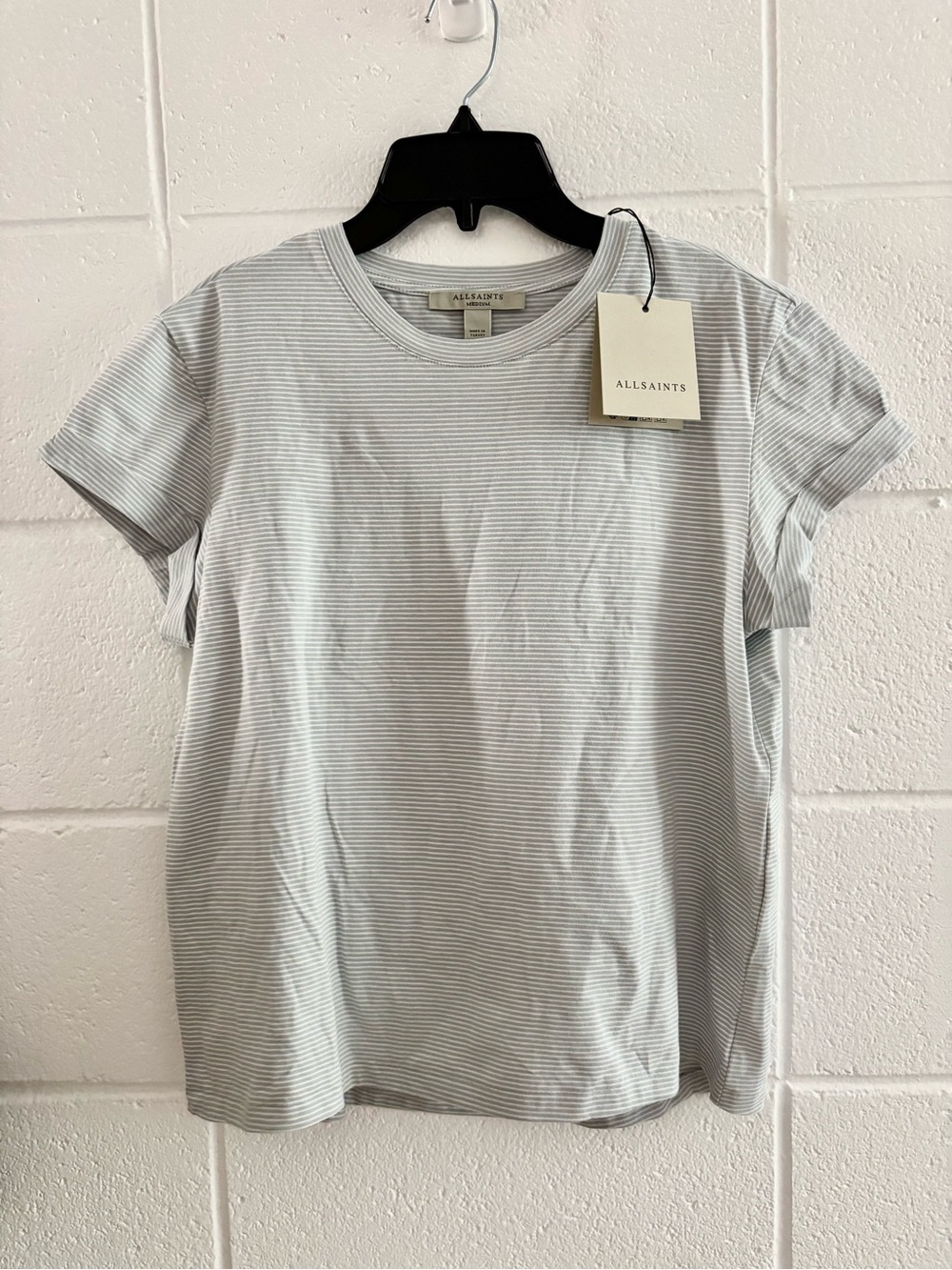 All Saints womens Light Gray Stripe Crewneck T-Shirt